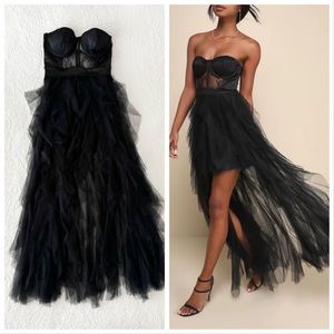 Lulu's Black Strapless Tulle Maxi Dress with Bustier Bodice